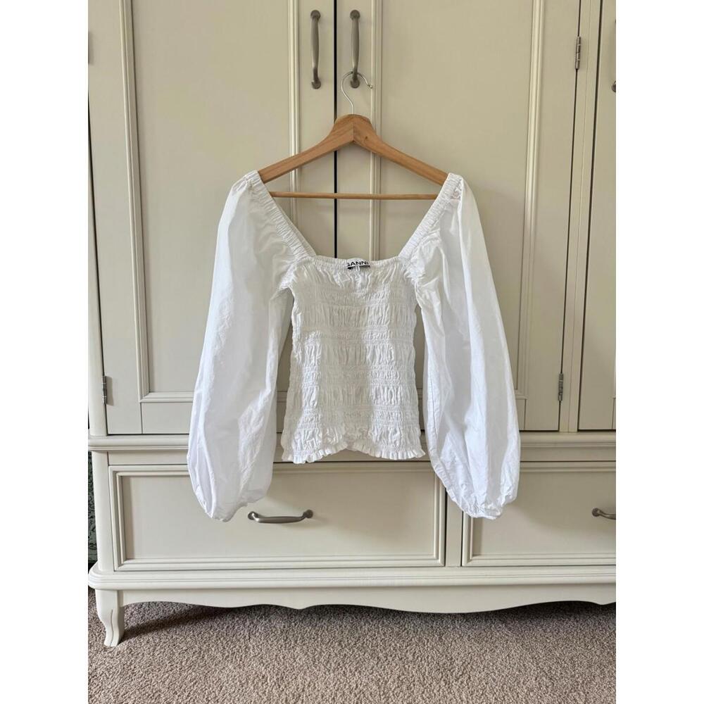 Ganni off shoulder blouse puffy sleevess scandinavian style designer summer top